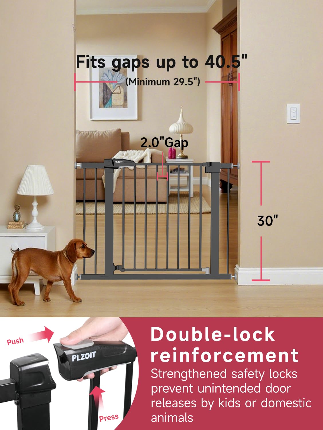 PLZOIT baby gate auto-close demonstrates hands-free closure for doorways and safe traffic.
