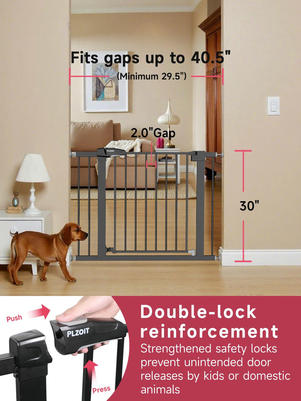 PLZOIT baby gate auto-close demonstrates hands-free closure for doorways and safe traffic.