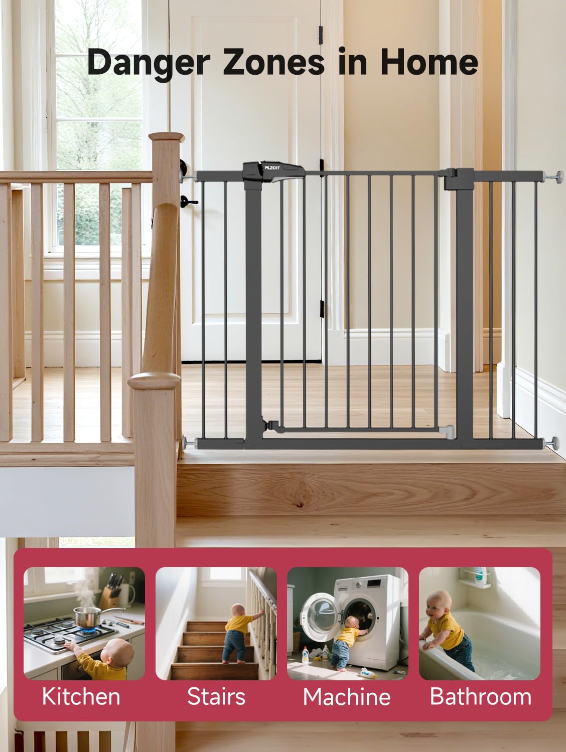 PLZOIT baby gate double-lock design boosts toddler security around stairs and kitchens.
