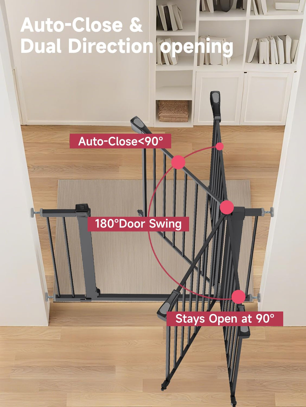 PLZOIT baby gate double-lock highlights secure latch for toddlers and pets.