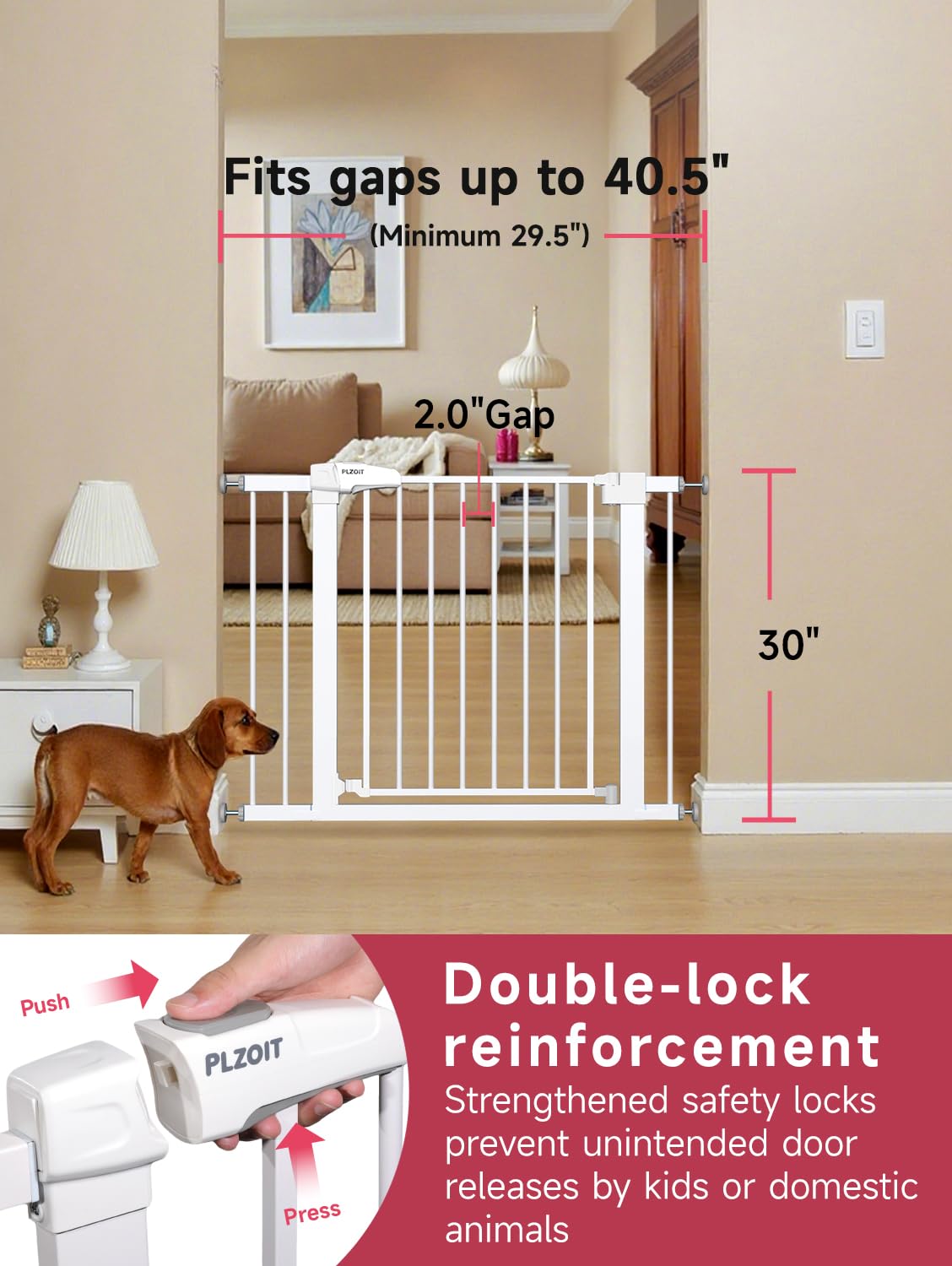 PLZOIT gate extensions show adjustable width to fit openings from 29.5 to 40.5 inches.