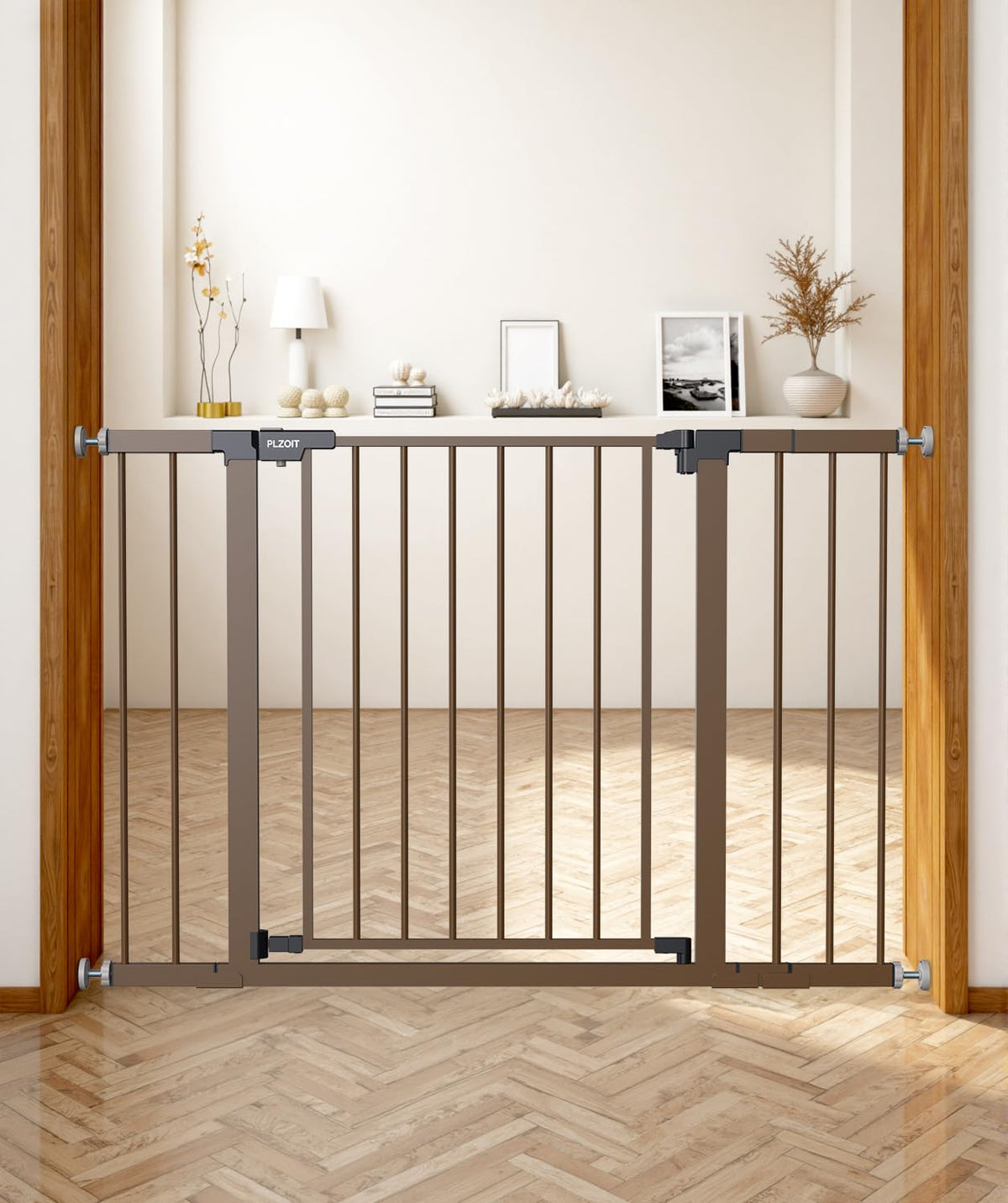 PLZOIT baby gate stairs 30in tilt view highlights sturdy metal design for stairs