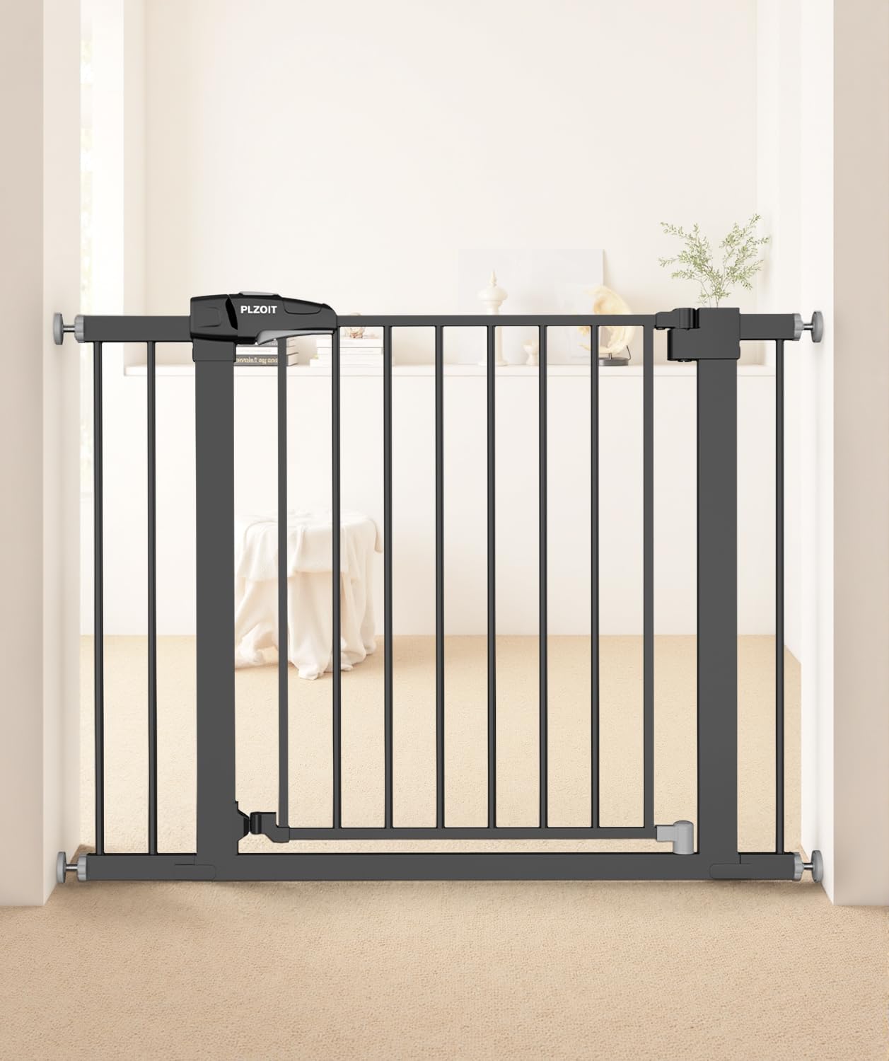 PLZOIT baby gate stairs-setup shows sturdy metal barrier for child and pet safety.