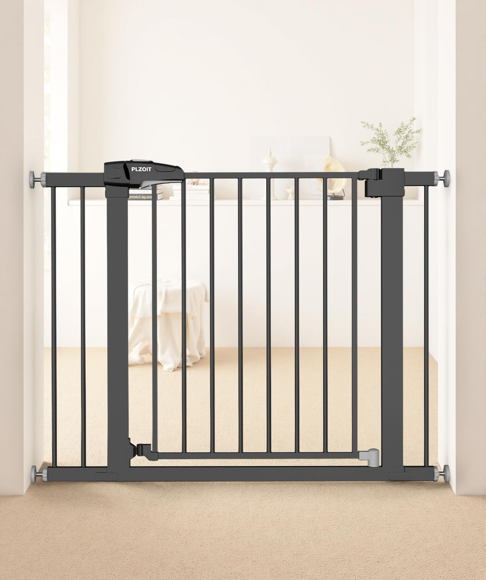 PLZOIT baby gate stairs-setup shows sturdy metal barrier for child and pet safety.