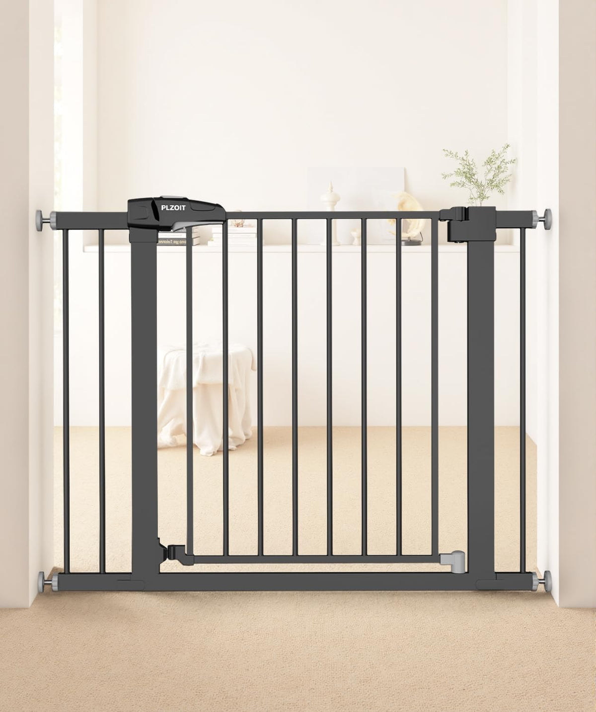 PLZOIT baby gate stairs-setup shows sturdy metal barrier for child and pet safety.