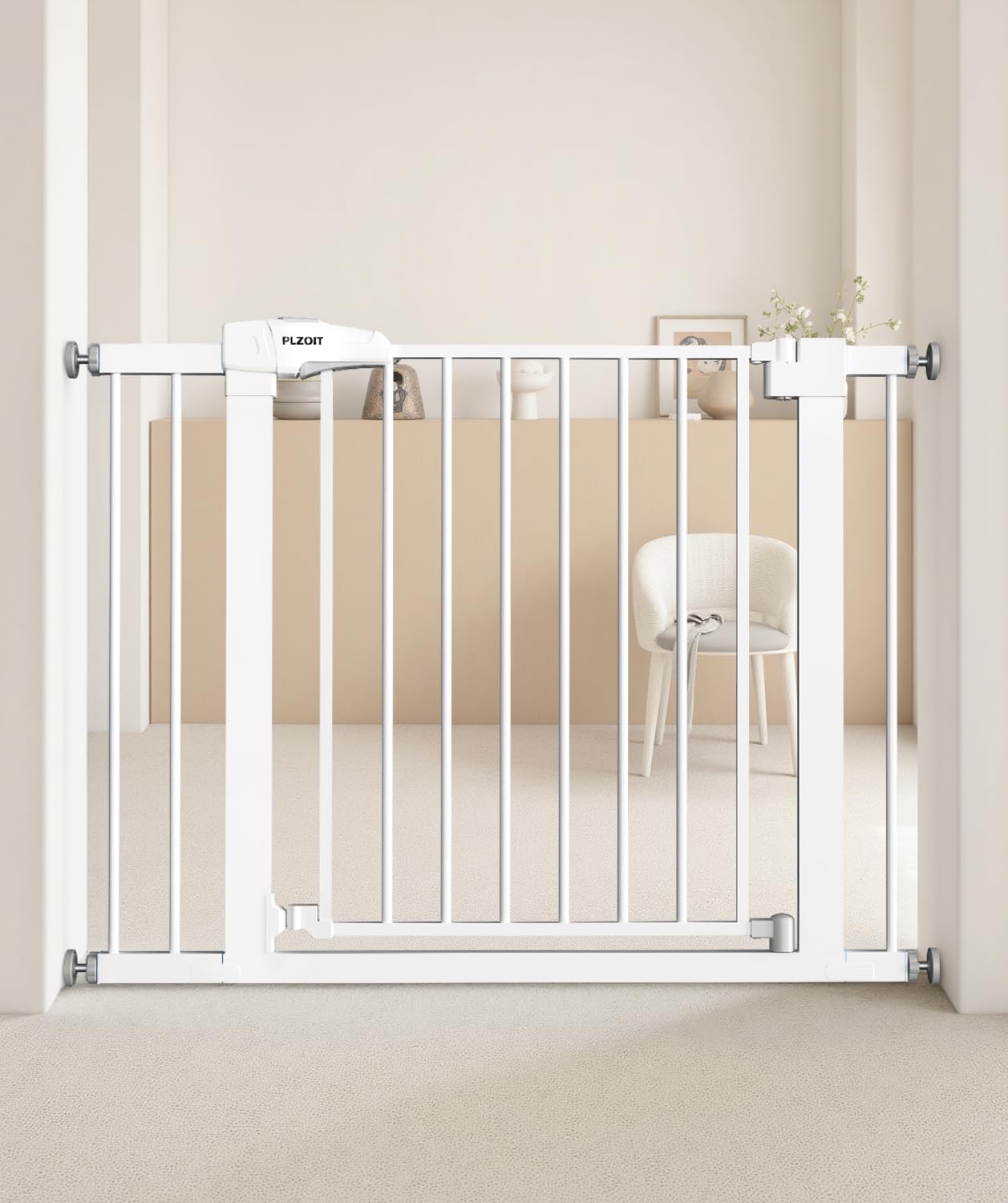 PLZOIT baby gate on stairs in white keeps children and pets secure in busy homes.
