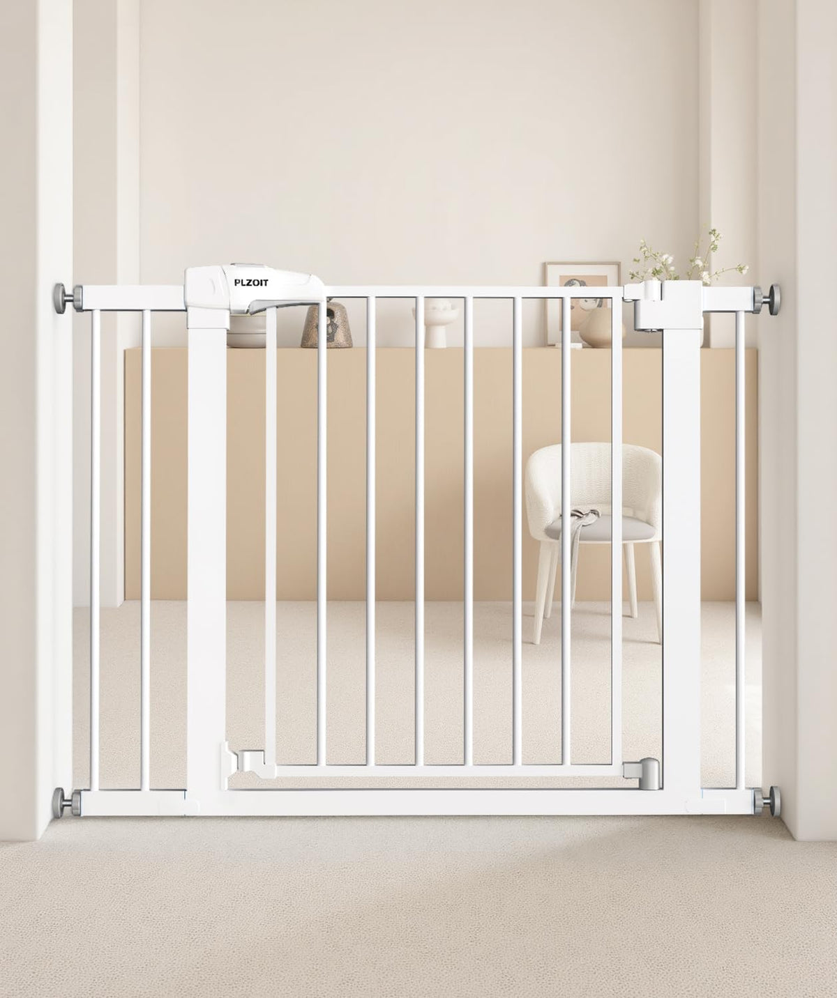 PLZOIT baby gate on stairs in white keeps children and pets secure in busy homes.