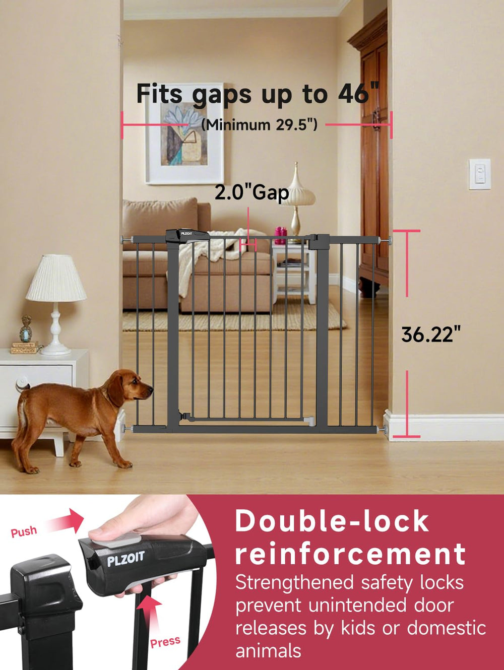 PLZOIT baby gate walk-through clear opening welcomes easy passage in busy hallways.