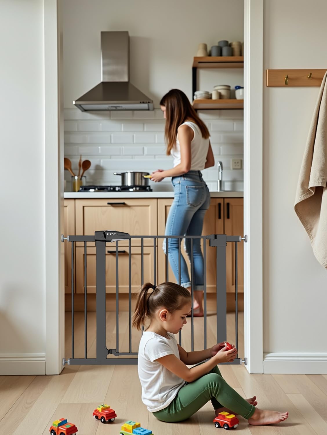 PLZOIT baby gate-walk-through highlights wide 23.6-inch passage for easy access.
