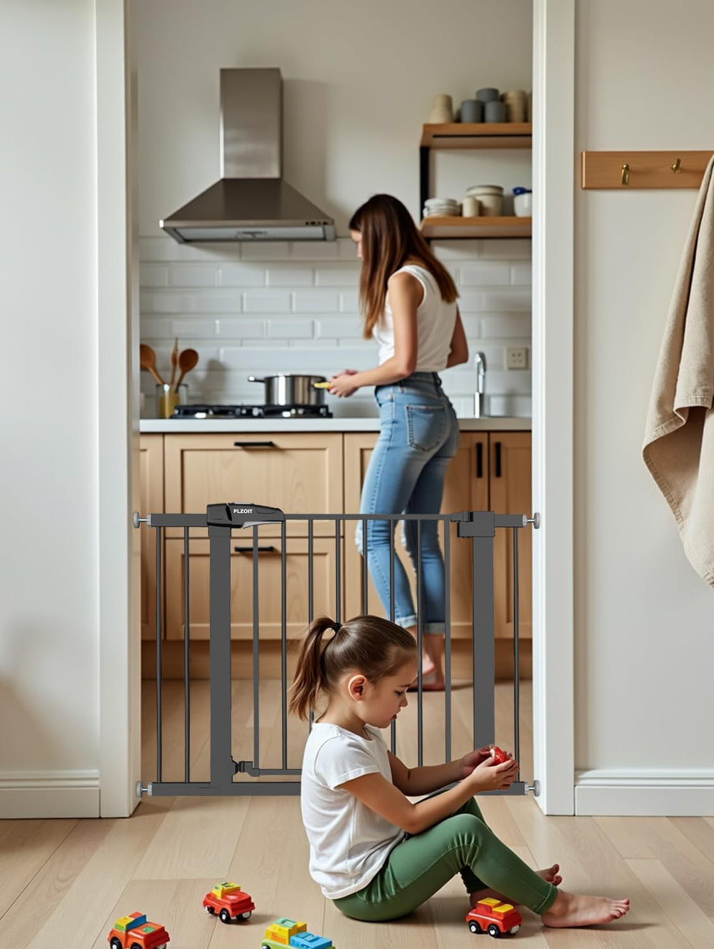 PLZOIT baby gate-walk-through highlights wide 23.6-inch passage for easy access.
