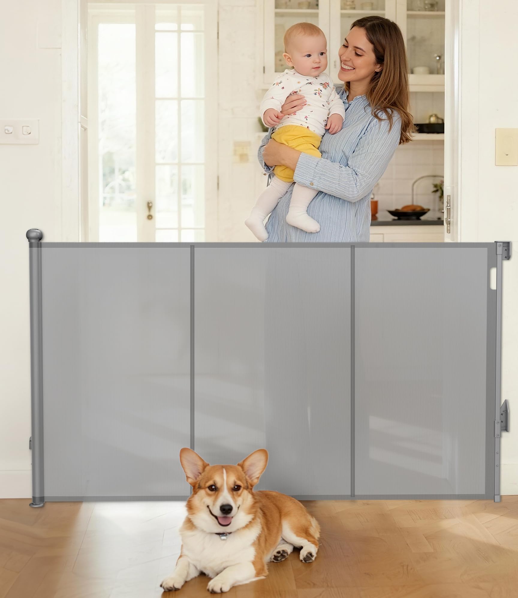 PLZOIT reinforced retractable gate in closed position for safe doorway use.