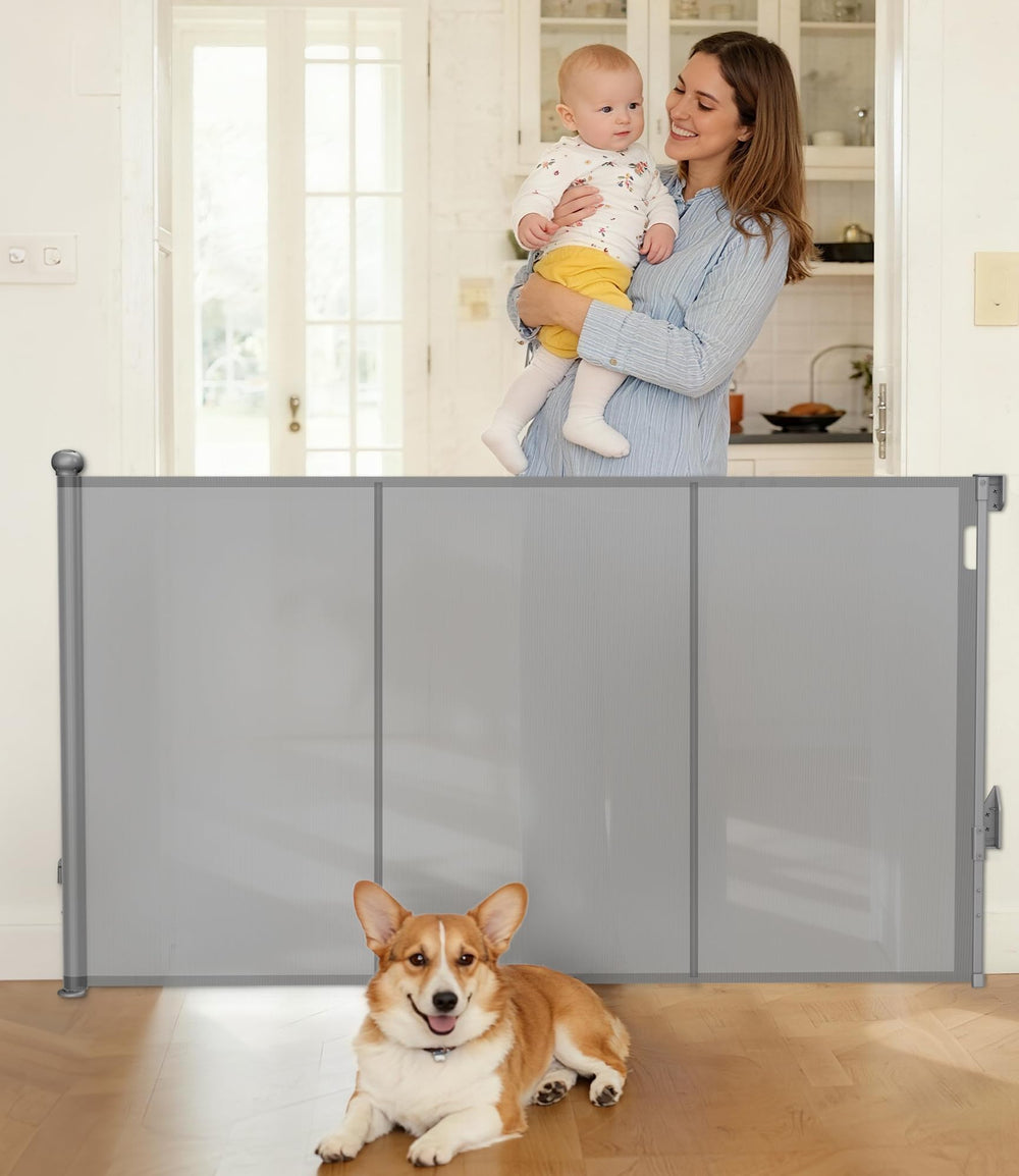 PLZOIT reinforced retractable gate in closed position for safe doorway use.
