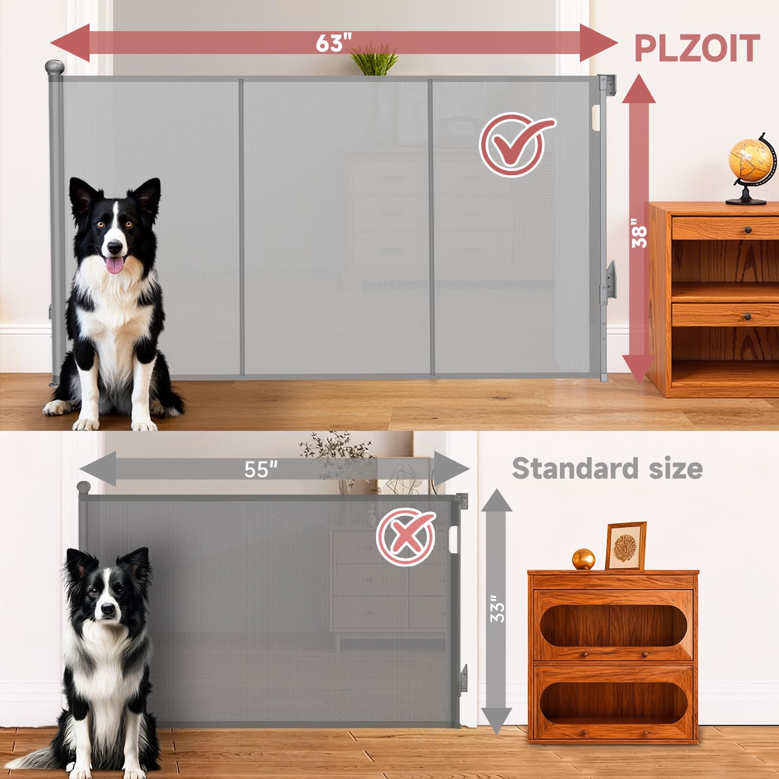 PLZOIT gate with no bottom bar reduces tripping risk in busy homes.