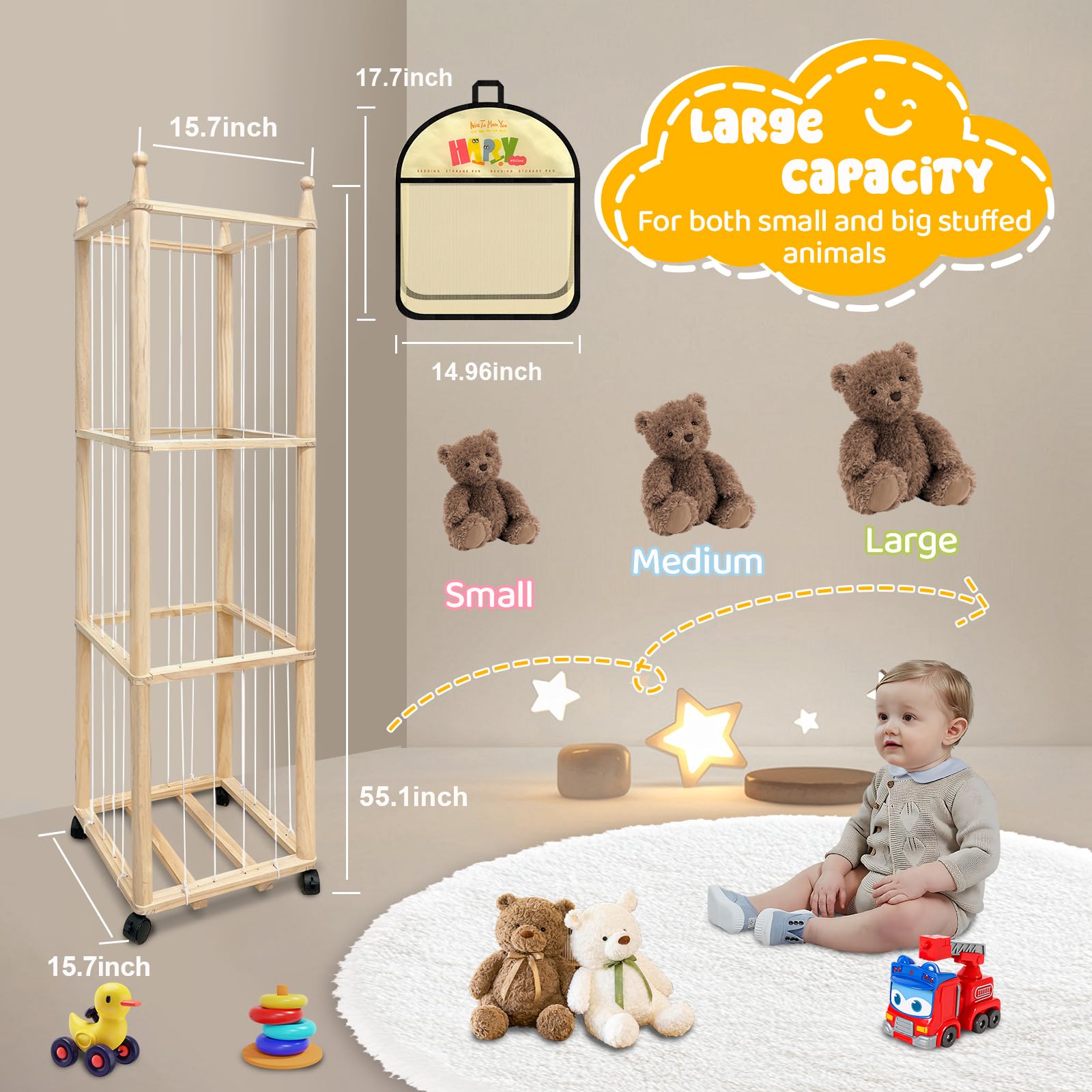 Pmbqifay stuffed animal zoo storage side view demonstrates compact footprint for small rooms