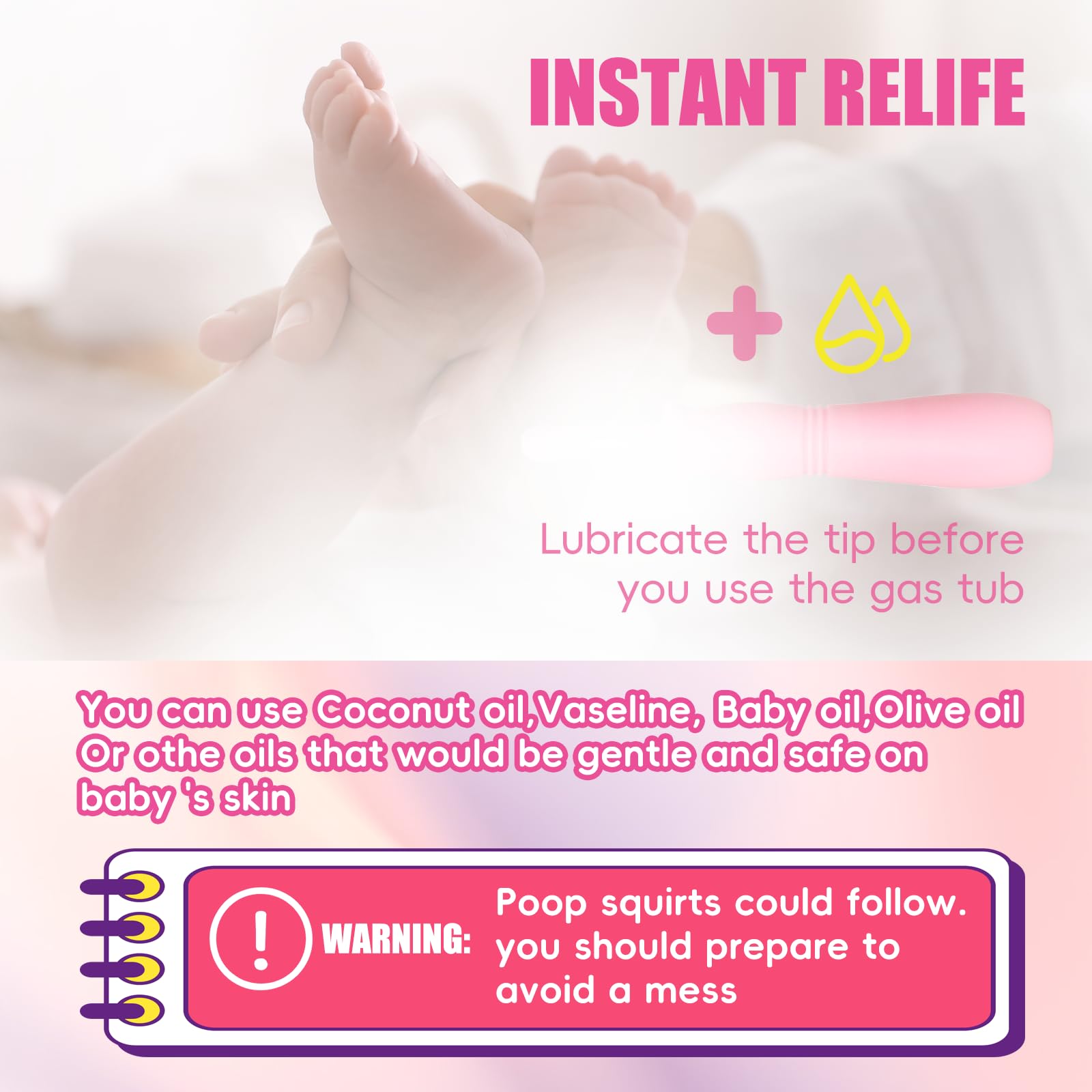 PNSHOL gas-relief tube close-up emphasizes gentle tip and safety.
