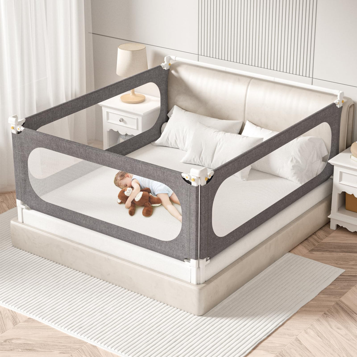PNXDFC 3-piece twin bed rails in gray guard toddler sleep