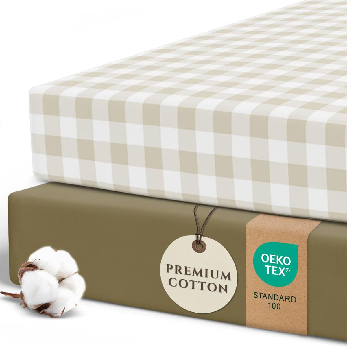 Pobibaby 2-pack crib sheets gingham khaki on a mattress for a snug fit.