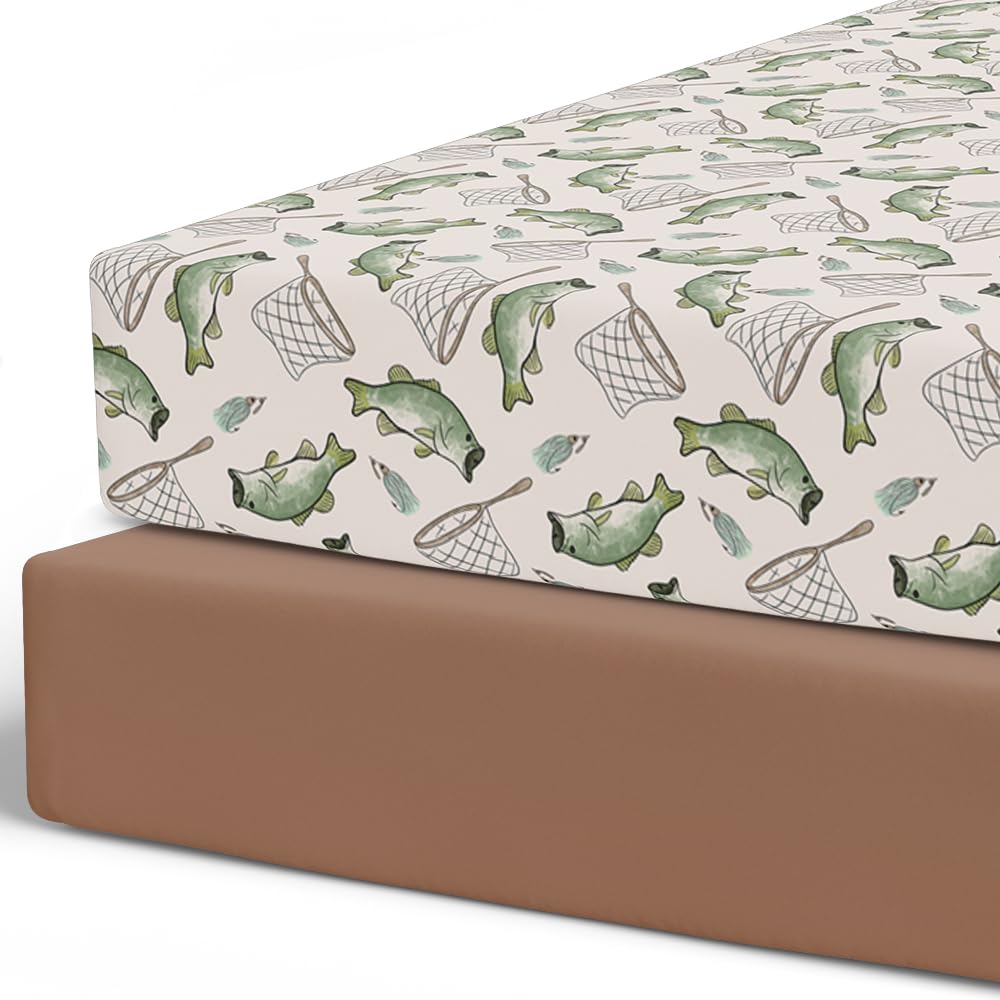 Pobibaby 2-pack Gone Fishing crib sheets flat lay with two patterns for easy styling