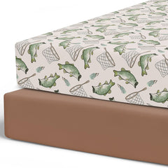 Pobibaby 2-pack Gone Fishing crib sheets flat lay with two patterns for easy styling