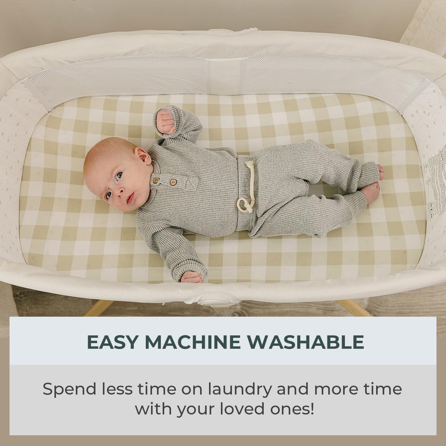 Pobibaby bassinet sheets gingham-khaki pack—suits boy/girl/neutral nurseries.