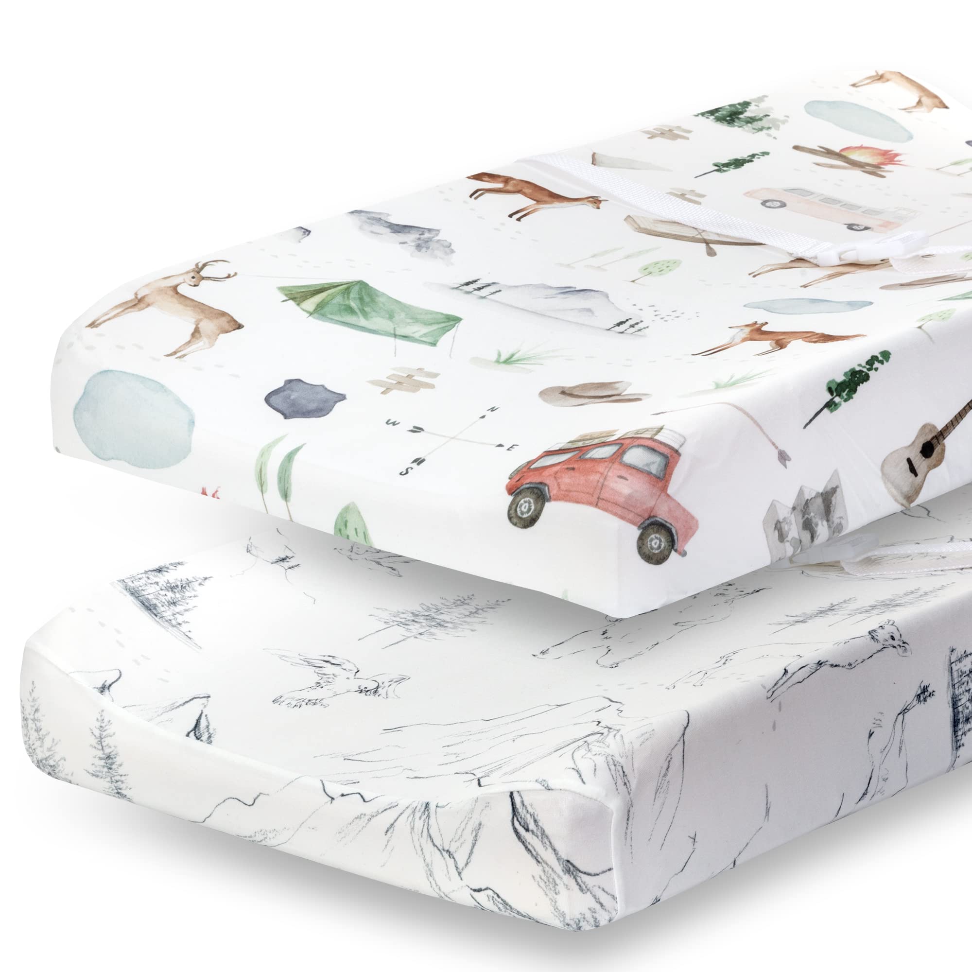 PobiBaby changing pad cover woodland pattern closeup shows soft, breathable fabric for baby comfort.