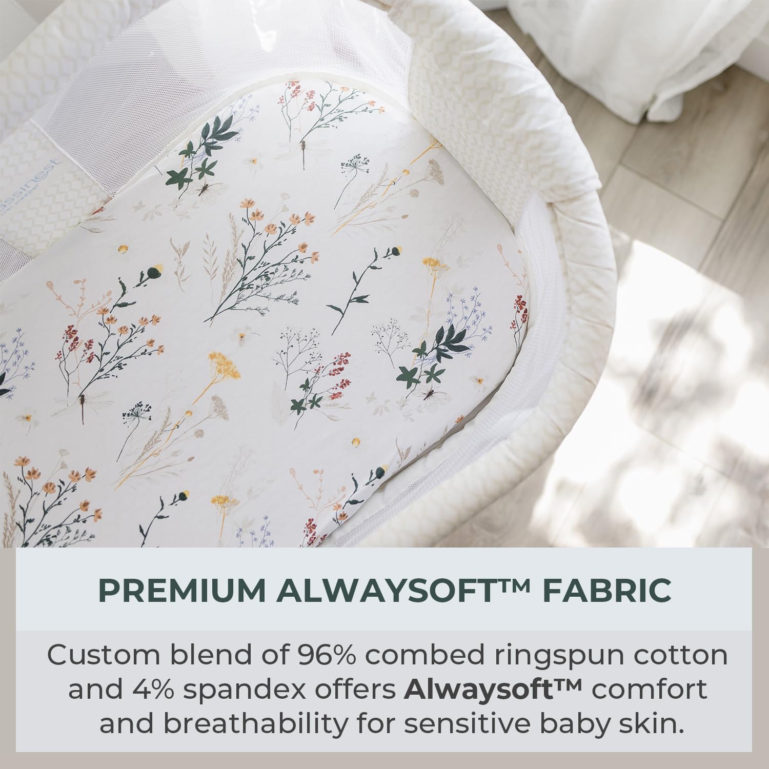 Pobibaby jersey-knit softness closeup highlights luxe feel and snug bassinet fit