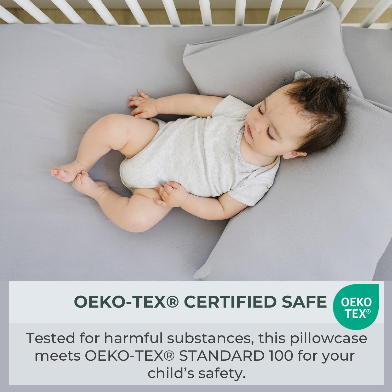 Pobibaby smoky-grey pillowcase on pillow hides stains while keeping color vibrant