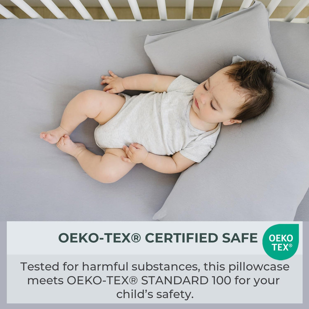 Pobibaby smoky-grey pillowcase on pillow hides stains while keeping color vibrant