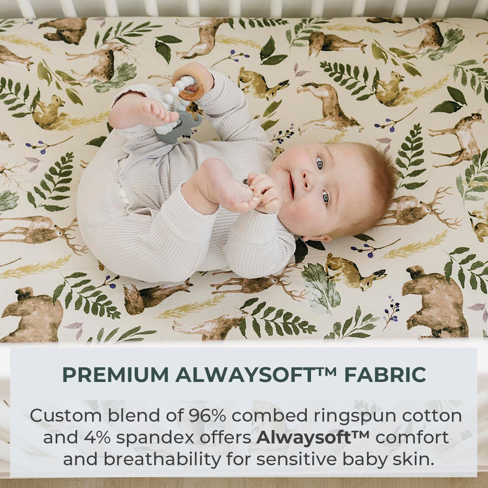 Pobibaby woodland-pattern sheets on mattress for secure sleep