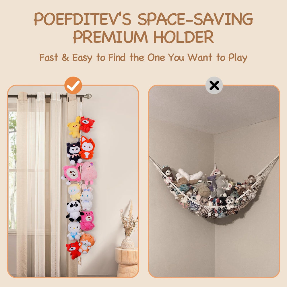 Poefditev cotton-rope hanging organizer with wooden rings creates durable, decorative plush toy display