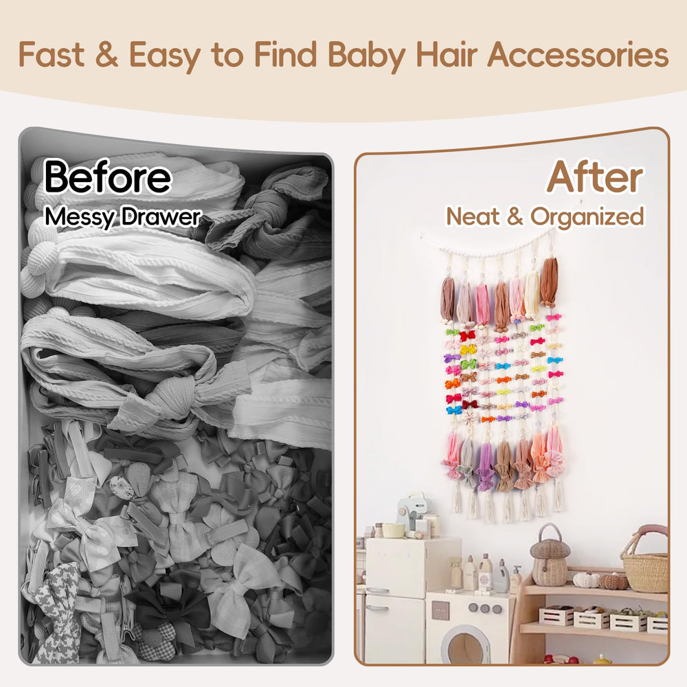 Poefditev hair bow organizer on wall-hanger keeps baby bows tidy and visible.