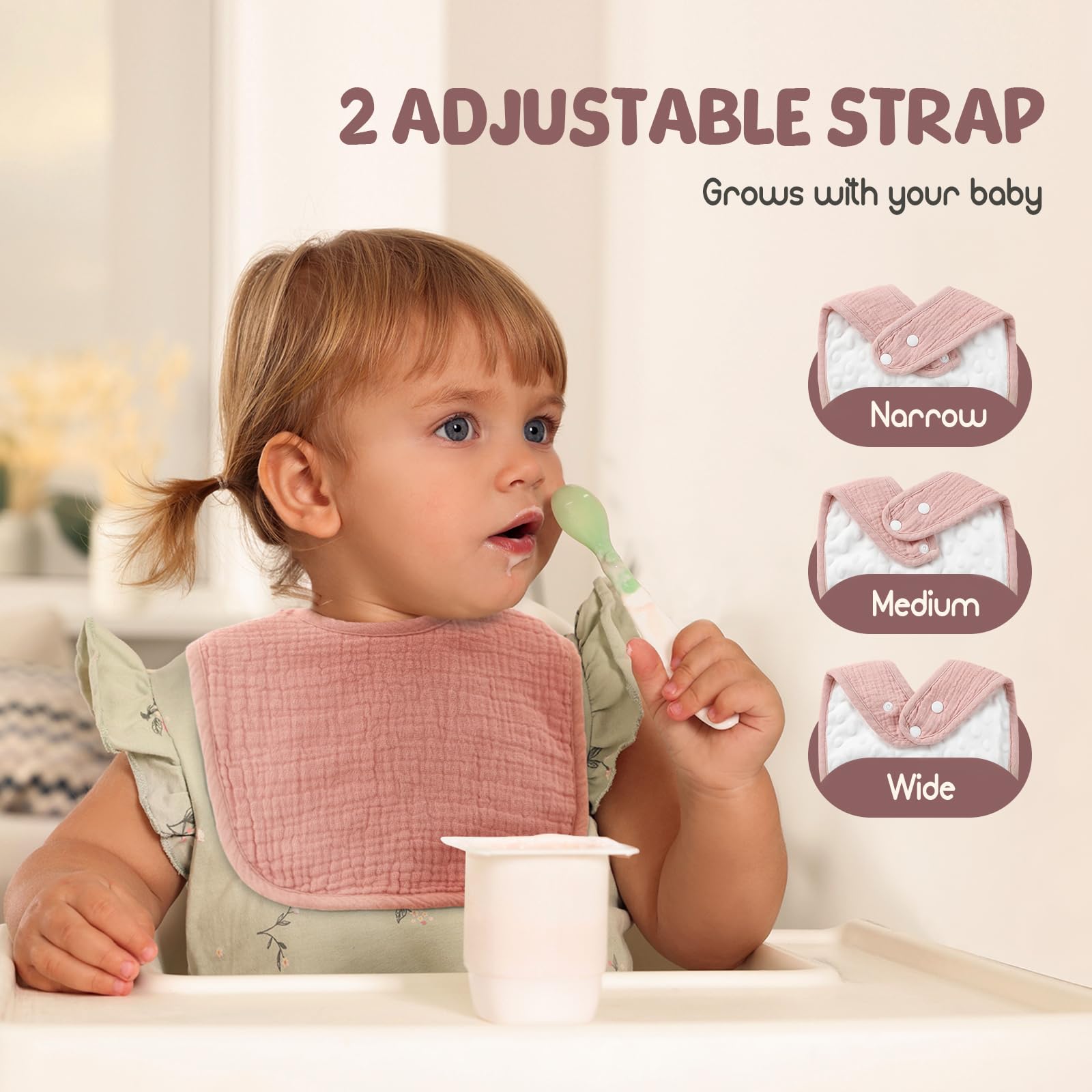 POIKSHARK adjustable bib with snaps demonstrates growing-fit convenience for infants up to 36 months.
