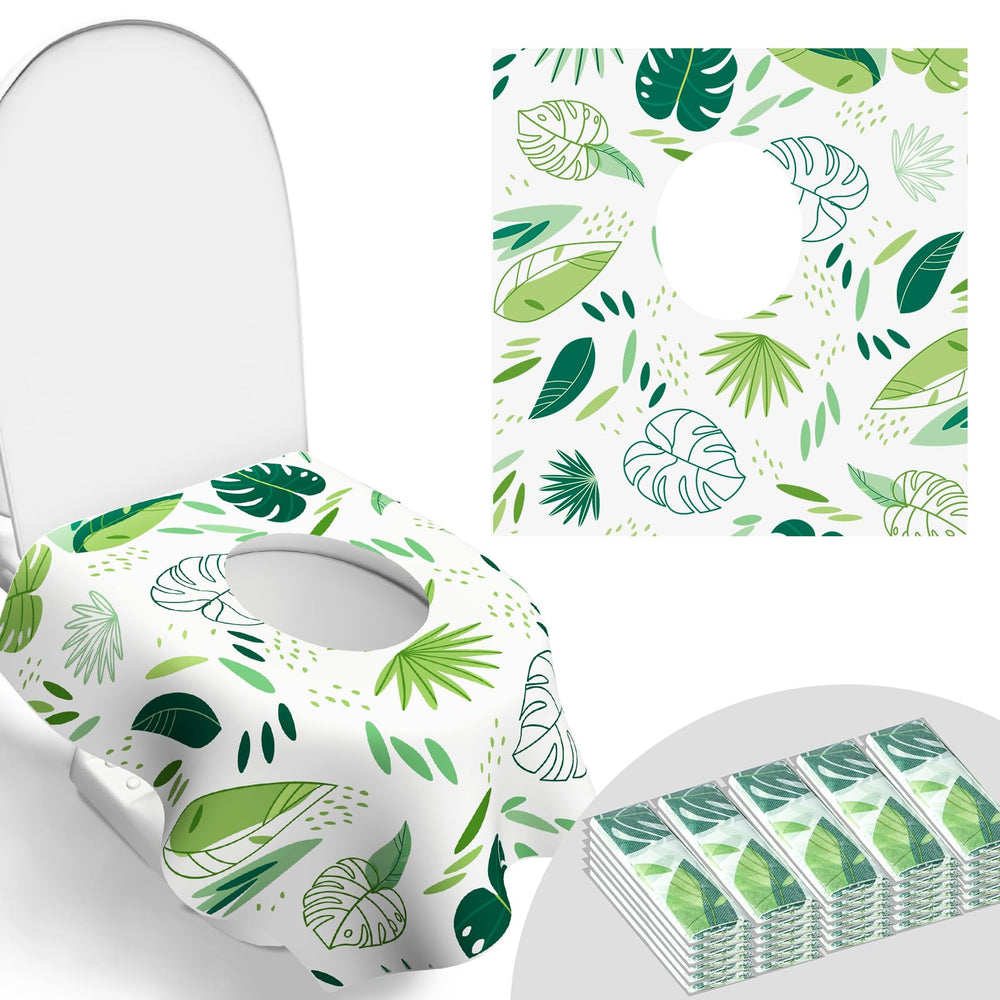 POIKSHARK Leaf 30-pack toilet seat cover packaging for travel, keeps public restrooms clean and convenient.
