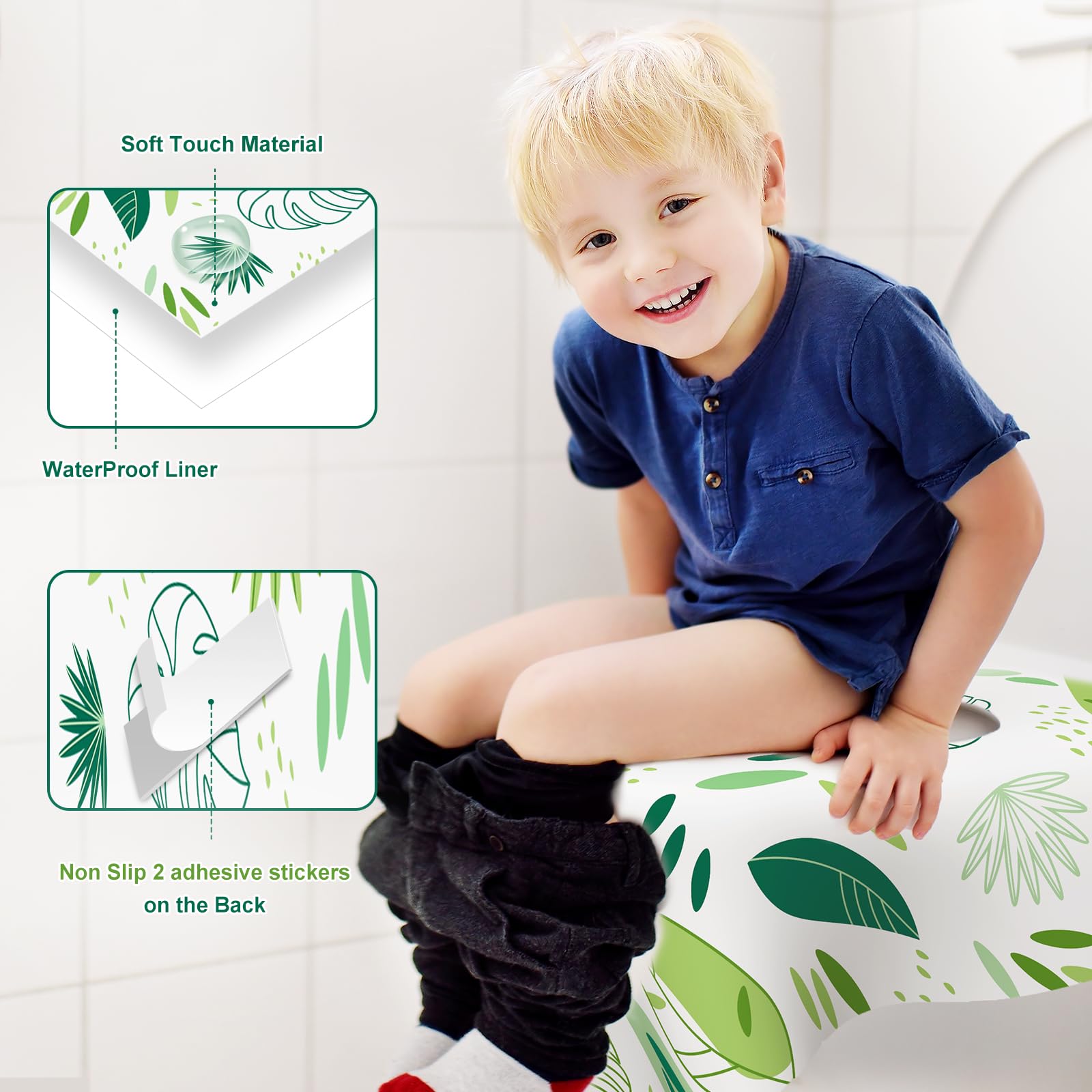 POIKSHARK Leaf toilet seat cover shows full-seat coverage for kids and adults.