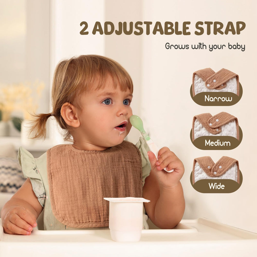 POIKSHARK Muslin Baby Bib adjustable snaps showing growth-friendly sizing.