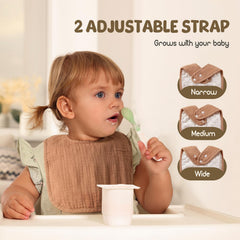 POIKSHARK Muslin Baby Bib adjustable snaps showing growth-friendly sizing.