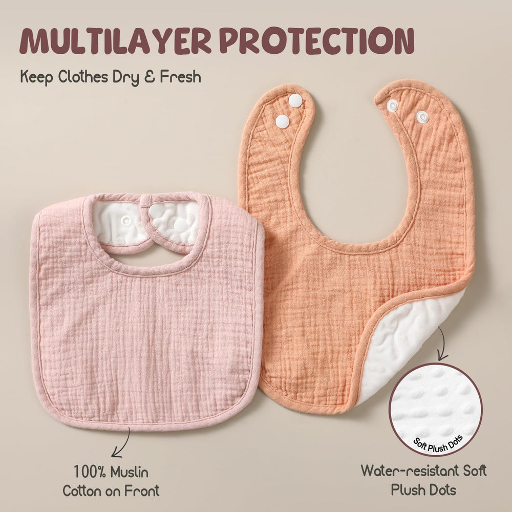 POIKSHARK muslin bib pink back with velboa plush dots adds absorption and skin-friendly softness.