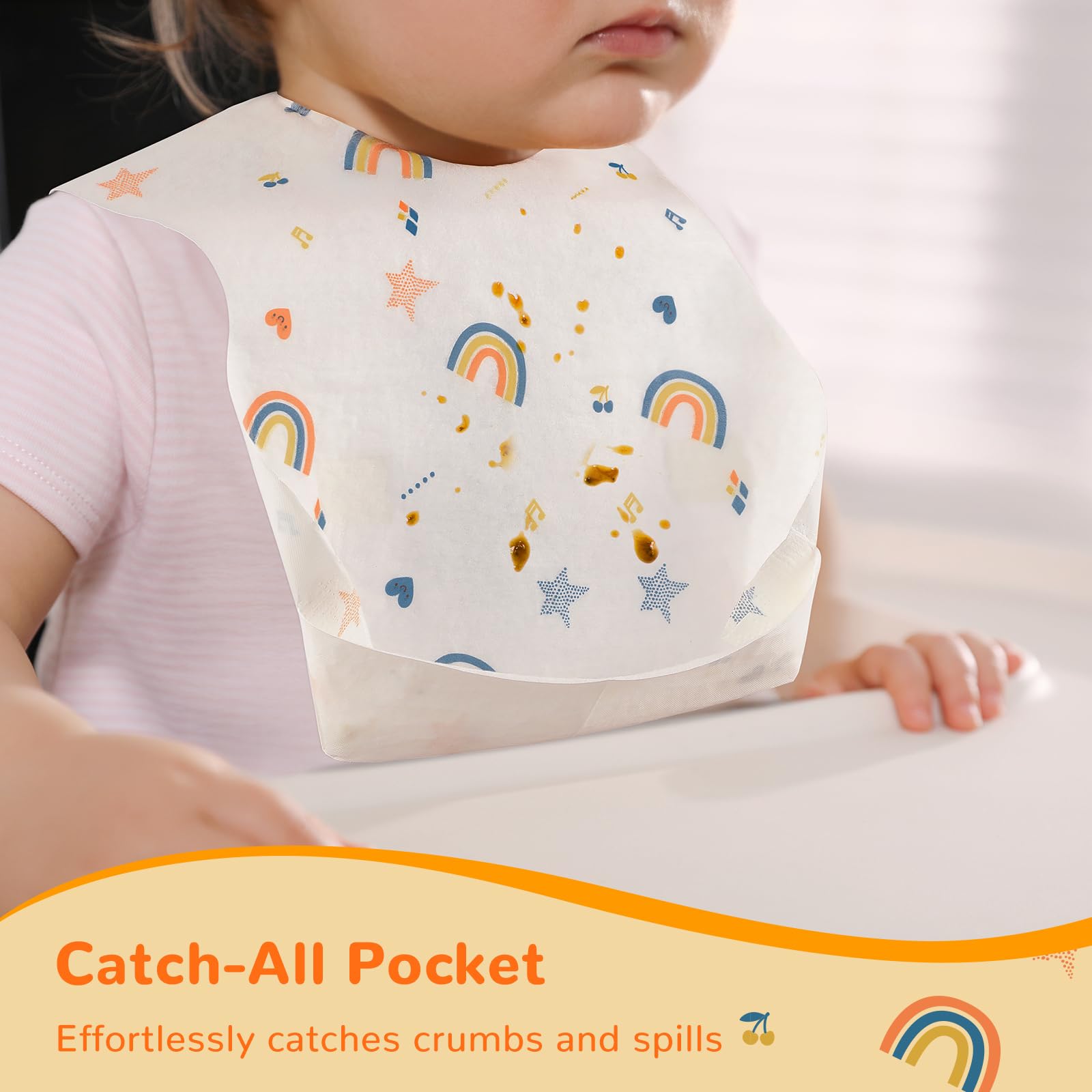 POIKSHARK rainbow-pocket-bib demonstrates a deep pocket catching crumbs during feeding