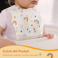 POIKSHARK rainbow-pocket-bib demonstrates a deep pocket catching crumbs during feeding