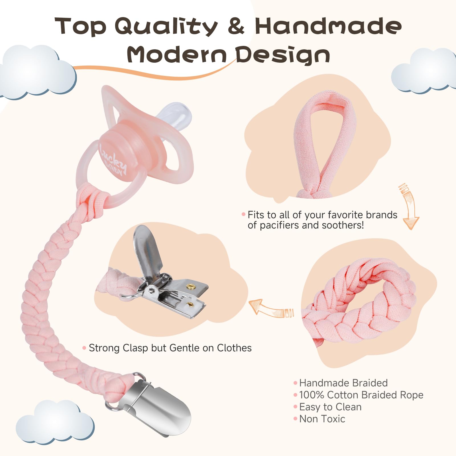 Pokipaw pacifier clip white keeps pacifiers clean and easy to locate.