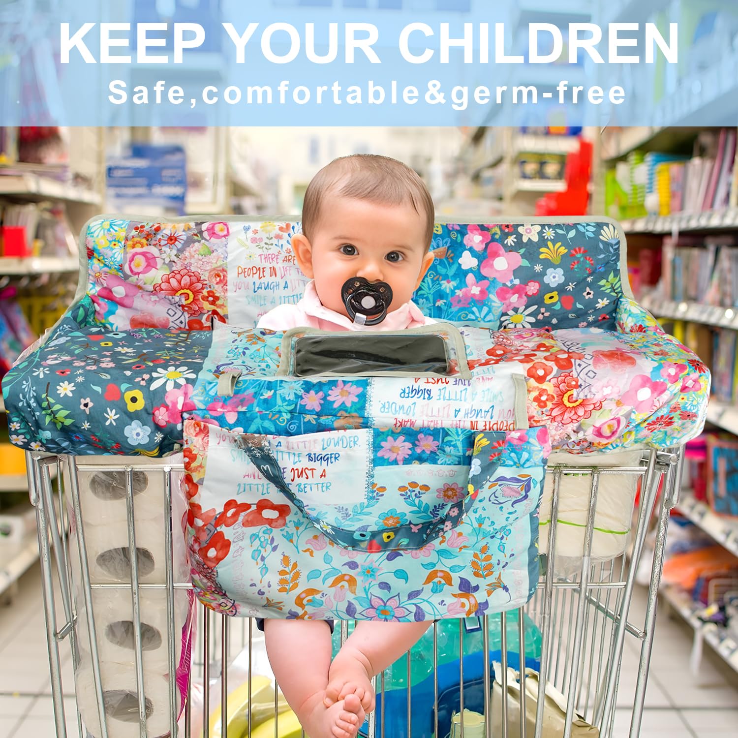 Polovillae cart cover showing safety harness in use on a shopping cart.