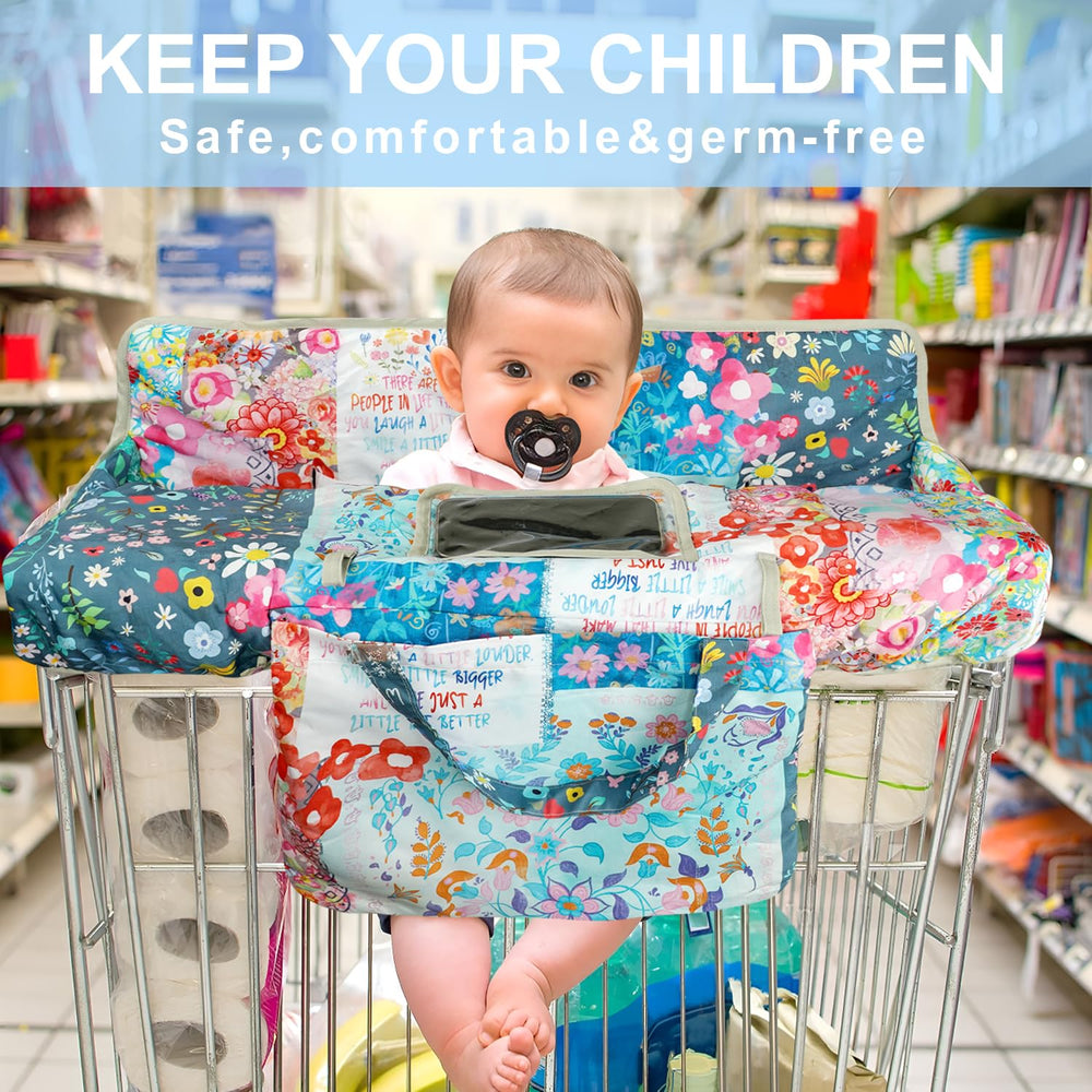 Polovillae cart cover showing safety harness in use on a shopping cart.