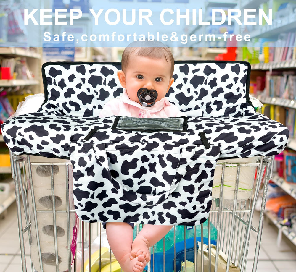 Polovillae cow-pattern cart cover with harness in use for secure shopping.