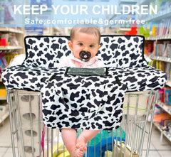 Polovillae cow-pattern cart cover with harness in use for secure shopping.