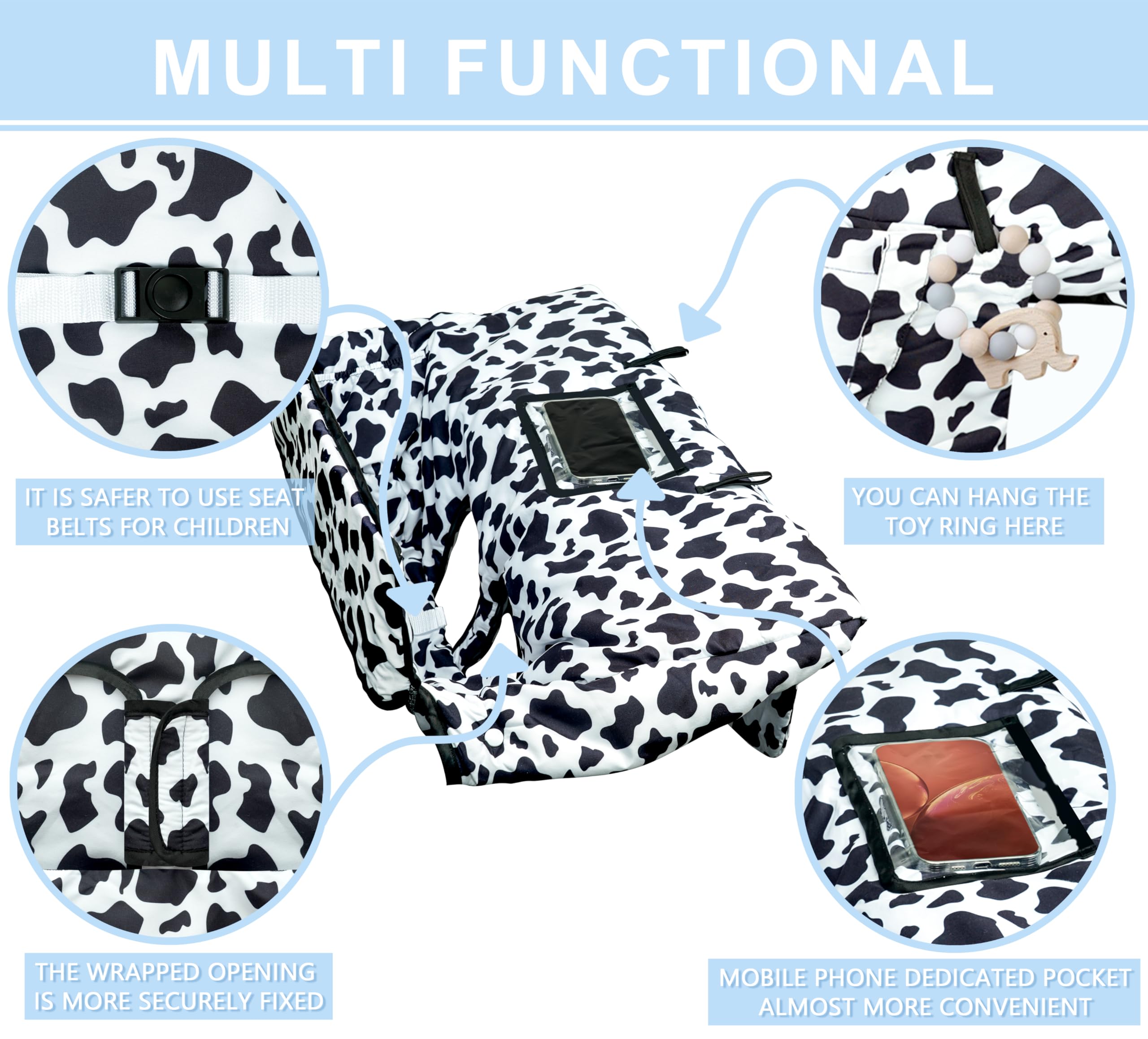 Polovillae cow-pattern highchair cover setup with soft padding.