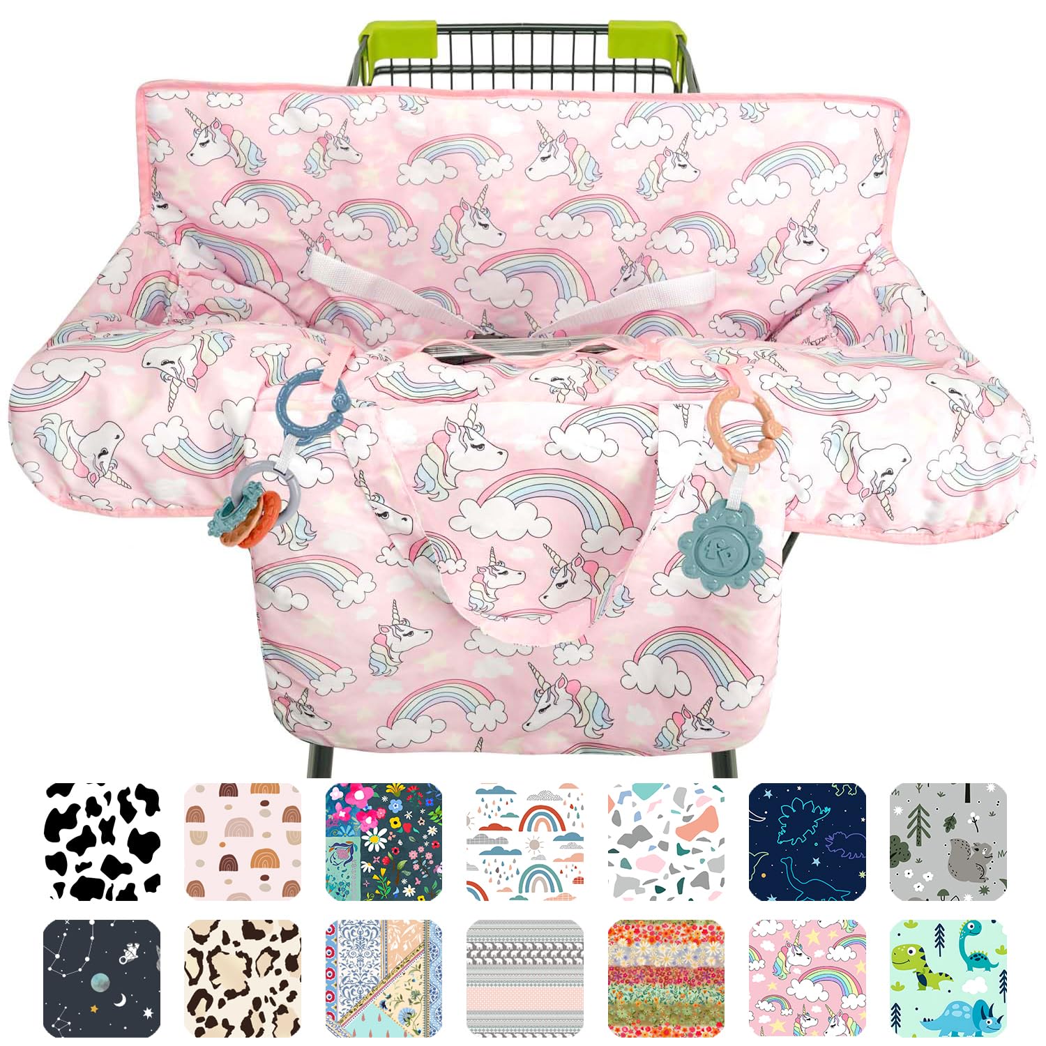 Polovillae pink cart cover unicorn pattern front view for cozy baby protection during shopping