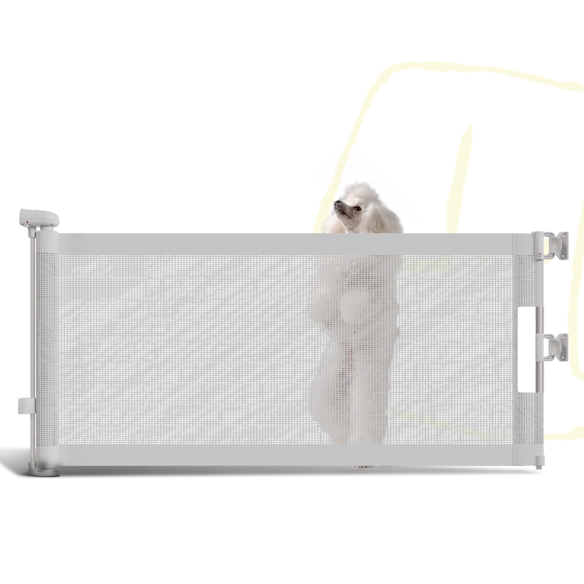 POMESEA 17h mesh short dog gate extended in doorway for scalable pet safety.