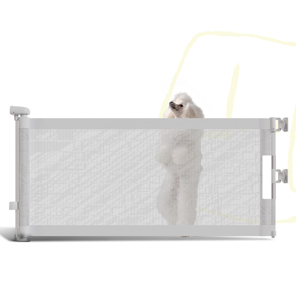 POMESEA 17h mesh short dog gate extended in doorway for scalable pet safety.
