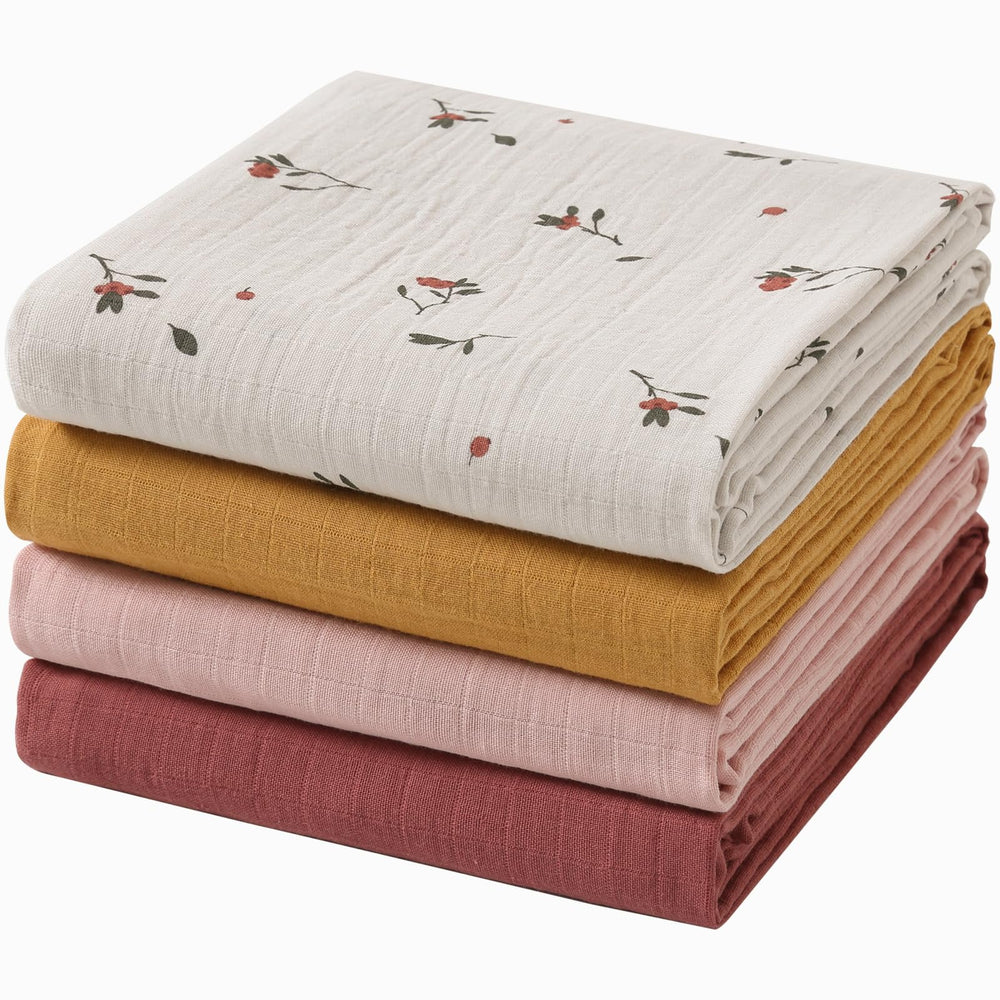 POMISO muslin swaddle blanket red berries pattern for cozy swaddling and nighttime comfort