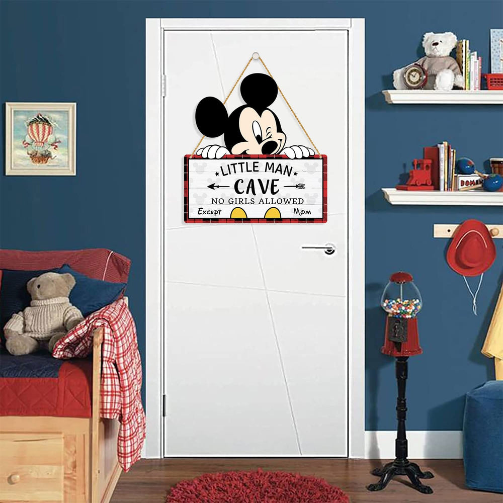 Poncpis cartoon mouse sign features durable wood for lasting toddler decor.